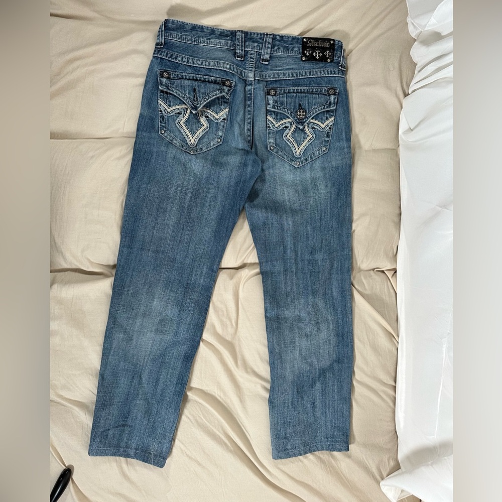 Y2K Bootcut Archaic Affliction Jeans Blue 34 (35x29)Cross Pockets Distressed
